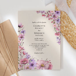 Small Modern Wildflower Beige Wedding Invitation Front View