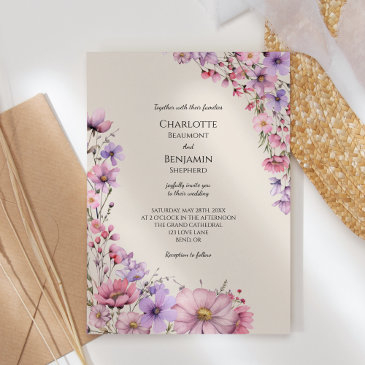 modern wildflower beige wedding invitation
