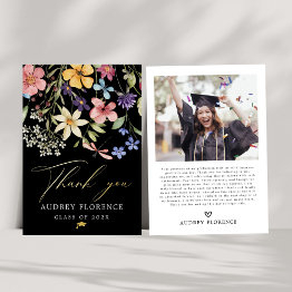 Small Modern Wildflowers Floral Photo Graduation Party Foil Invitation Front View