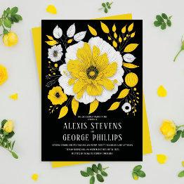 Small Modern Yellow Black White Floral Wedding Invitation Front View