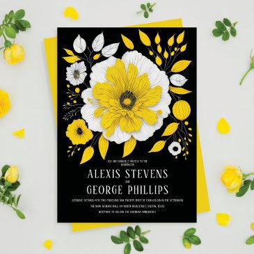 modern yellow black white floral wedding invitation