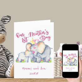 Small Mommy And Baby Elephant Pink 1st Mothers Day Invitations Front View