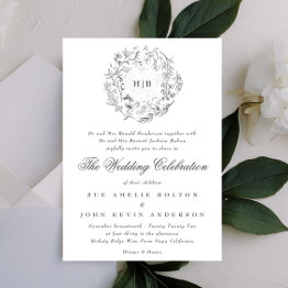 Small Monogram Classic Botanical Florals Wedding Invitation Front View