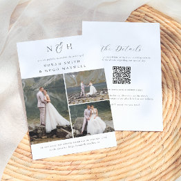 Small Monogram Initials Qr Code 3 Photo Collage Wedding Invitation Front View