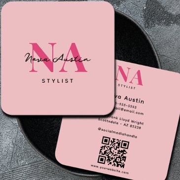 monogram luxe trendy aesthetic hot pink qr code square business invitations