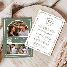 Small Monogram Qr Code Photo Collage Sage Green Wedding Invitation Front View