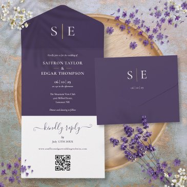 monogram qr code purple and gold wedding all in one invitation