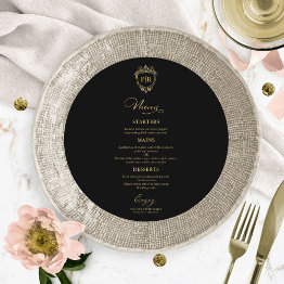 Small Monogram Round Wedding Menu Invitations Black And Gold Front View
