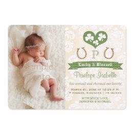 Small Monogram Shamrock & Horseshoe Birth Announcement Front View