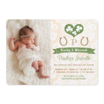 monogram shamrock & horseshoe birth announcement