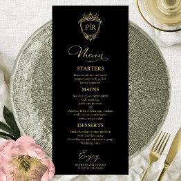 Small Monogram Wedding Menu Invitations Black And Gold Front View