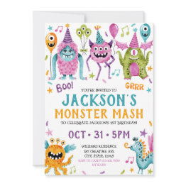 Small Monster Mash Boy's First Birthday Party Invitation Front View