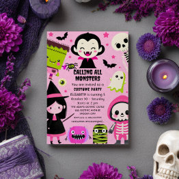 Small Monster Mash Pink Kids Halloween Birthday Party Invitation Front View
