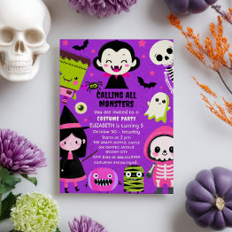 Small Monster Mash Purple Kids Halloween Birthday Party Invitation Front View