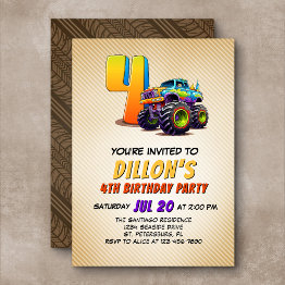 Small Monster Truck 4th Birthday Invitation Front View