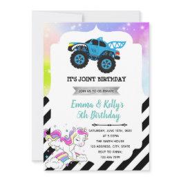 Small Monster Truck And Unicorn Joint Party Invitation Front View