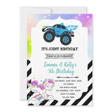 monster truck and unicorn joint party invitation