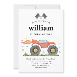 Small Monster Truck Bash Car Race Flags Kids Birthday Invitation Front View