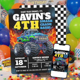 Small Monster Truck Cool Blue 4th Birthday Personalized Invitation Front View