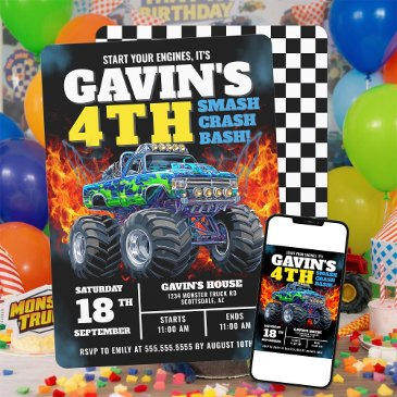 monster truck cool blue 4th birthday personalized invitation