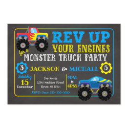 Small Monster Truck Joint Birthday Invitation Front View