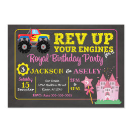 Small Monster Truck & Princess Joint Birthday Invitation Front View
