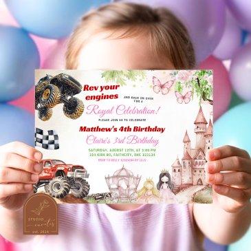 monster trucks and princesses joint birthday invitation