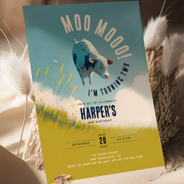 moo moo i'm turning two cute 2nd birthday invitation