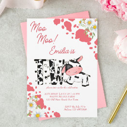 Small Moo Moo Pink Pattern Cute Cow Birthday Party Invitation Front View