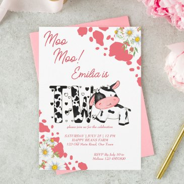 moo moo pink pattern cute cow birthday party invitation