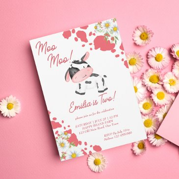 moo moo pink pattern cute cow birthday party invitation