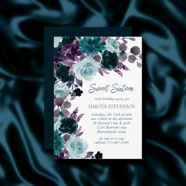 moody boho | teal and purple roses sweet sixteen invitation