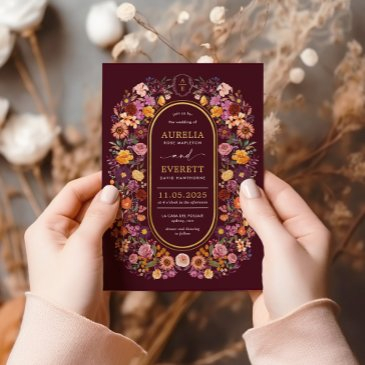 moody burgundy fall wildflower garden wedding invitation
