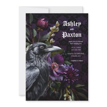 moody elegant purple gothic garden floral crow invitation