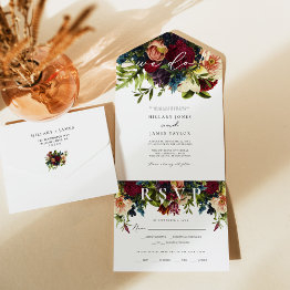 Small Moody Floral Burgundy Calligraphy Wedding All In One Invitation Front View