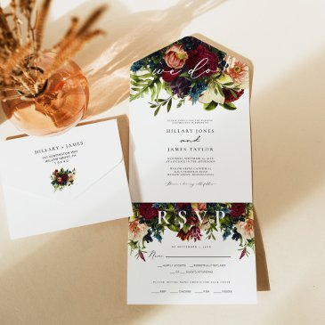 moody floral burgundy calligraphy wedding all in one invitation