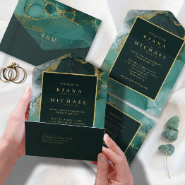 Small Moody Ink Emerald Gold Abstract Id988 All In One Invitation Front View