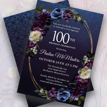moody purple flowers 100th birthday party invitation
