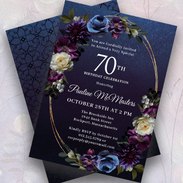 moody purple flowers 70th birthday party invitation