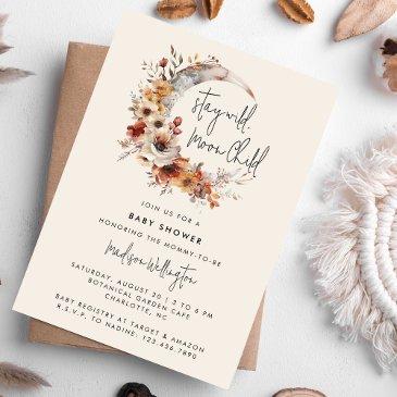moon child neutral boho florals baby shower invitation