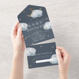 Small Moon Star & Cloud Navy Blue Diaper Baby Shower All In One Invitation Front View