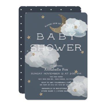 moon, stars & clouds navy baby shower invitation