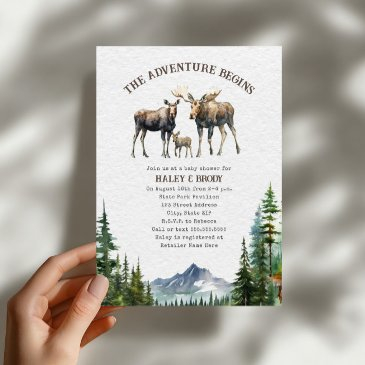 moose woodland adventure neutral baby shower invitation