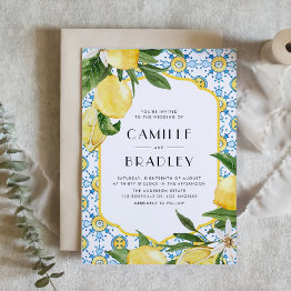 Small Moroccan Tile And Lemons Mediterranean Wedding Invitation Front View