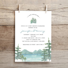 Small Mountain Lake Theme Watercolor Baby Shower Invitation Front View