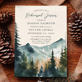 Small Mountains And Pines Calligraphy Rehearsal Dinner Invitation Front View