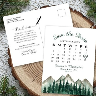 mountains & pine wedding calendar save the date announcement postinvitations