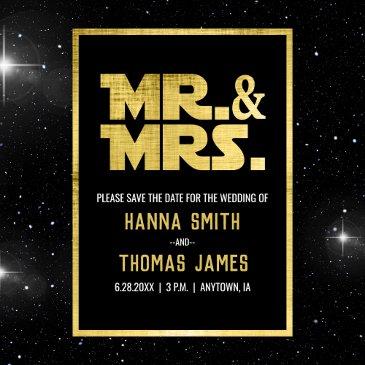 mr and mrs black gold sci fi theme save the date