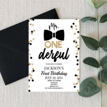 mr. onederful bowtie 1st first birthday party invitation