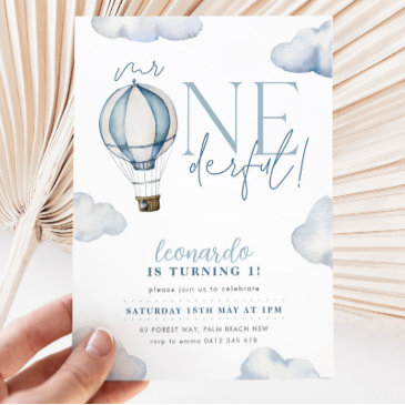 mr onederful hot air ballon boy 1st birthday blue invitation